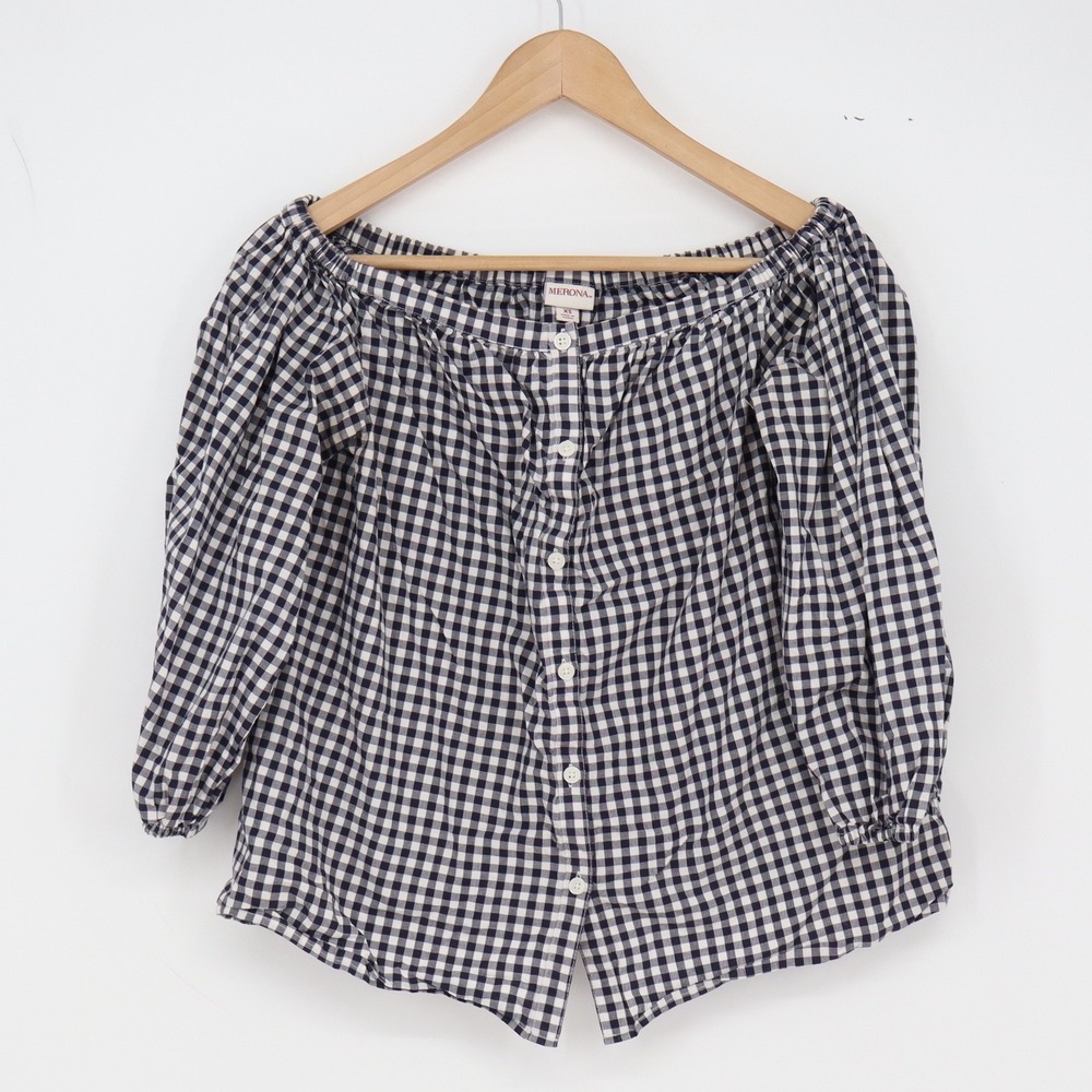 Merona Blouse Womens XS Gingham Navy Blue Off Shoulder Button-Down